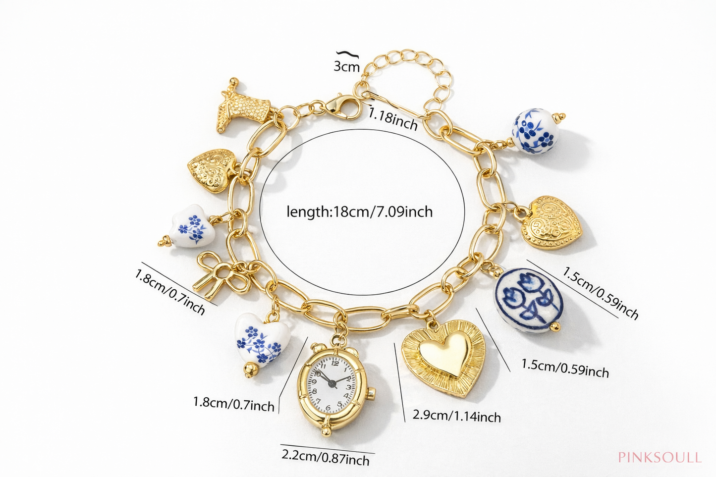 Gold Charm Bracelet with Mini Faux Clock Pendant