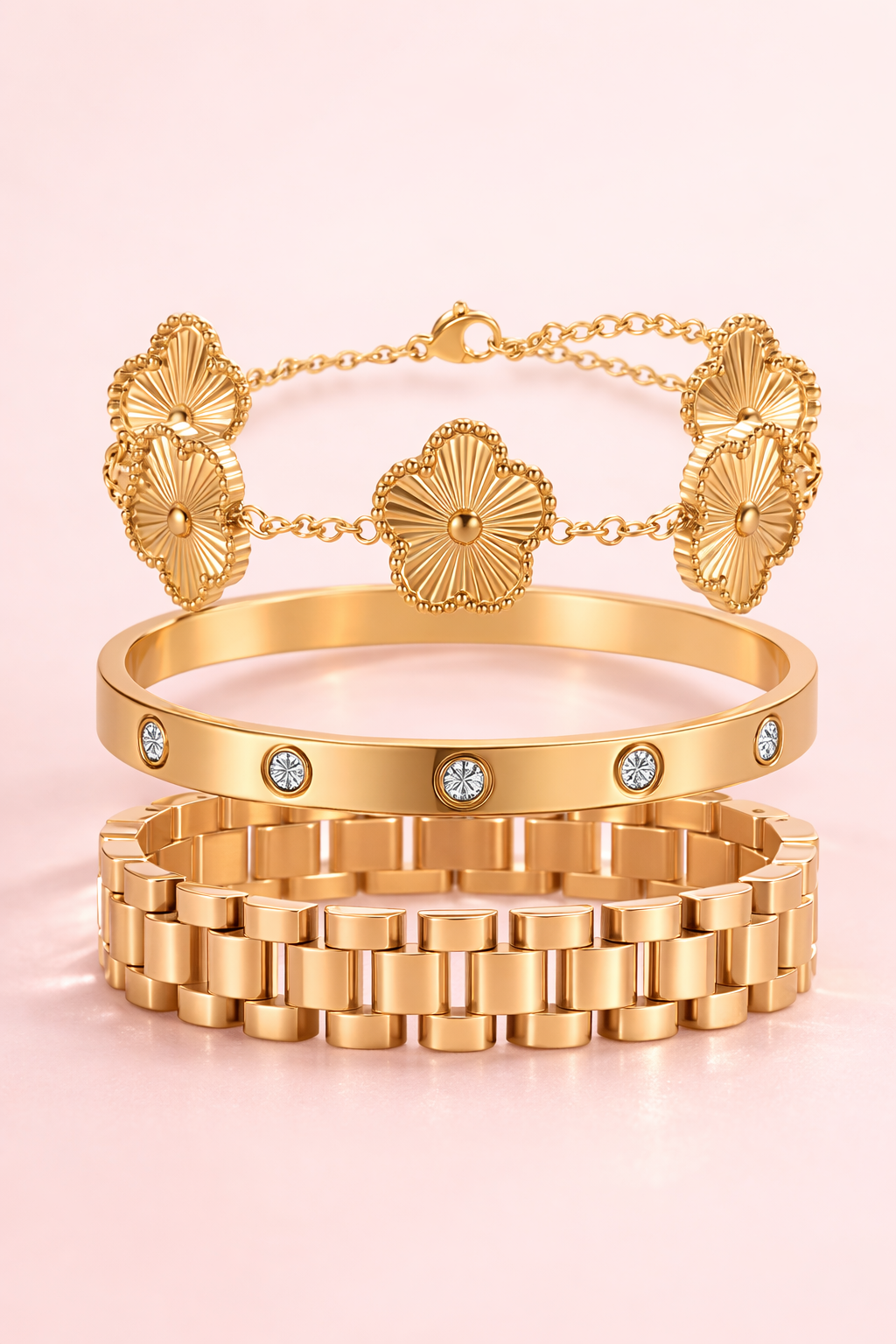 18K Gold Clover Bracelet for Women - Stackable, Non-Tarnish Stainless Steel + Adjustable Tool