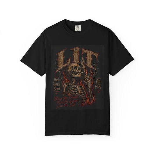 Skull 'LIT' Graphic T‑Shirt — Rock & Metal Vintage Flame Design