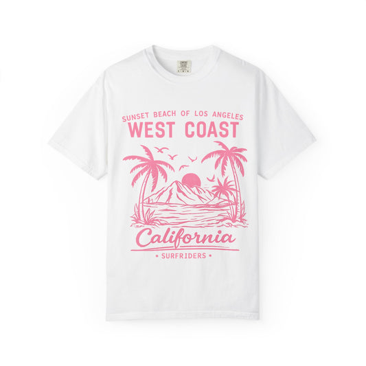 West Coast California Sunset T-Shirt — Pink Beach Palm Surf Graphic