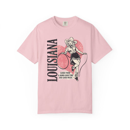 Louisiana Cowgirl T-Shirt — "Good Food, A Damn Good Time" Vintage Graphic Tee