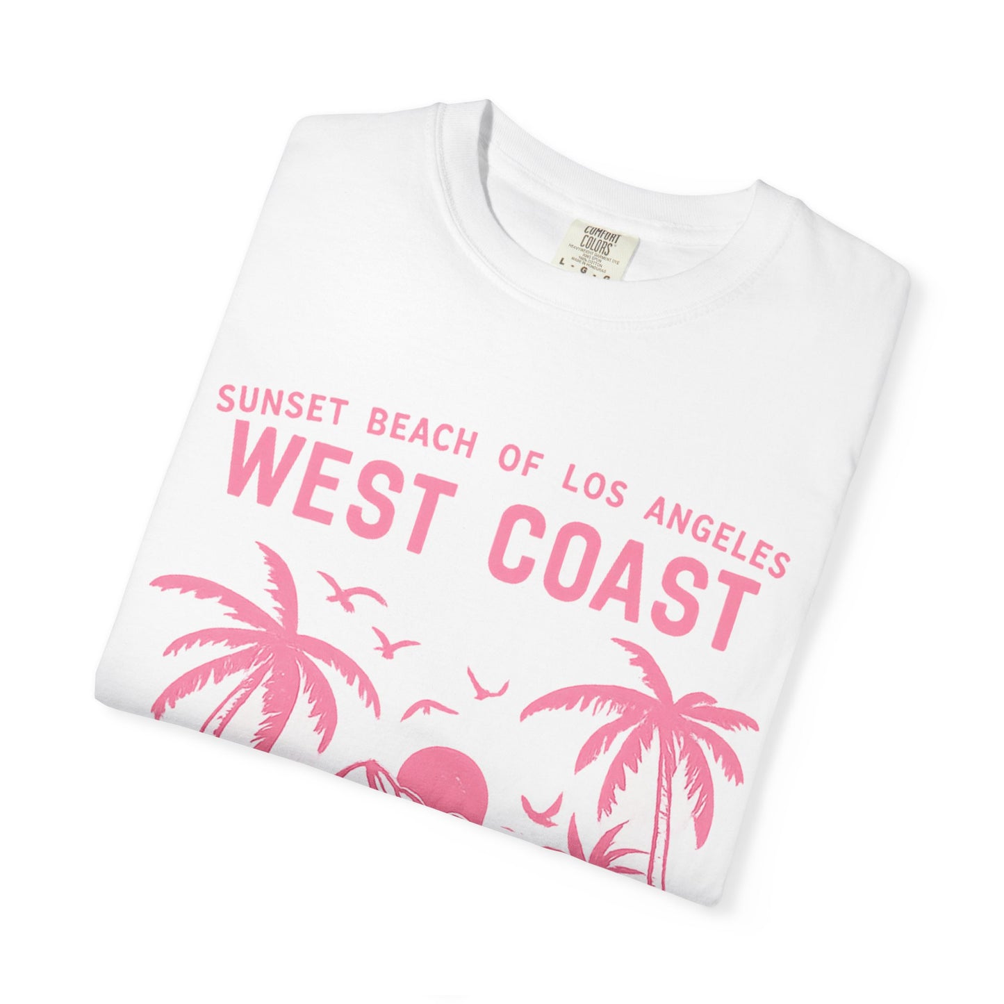 West Coast California Sunset T-Shirt — Pink Beach Palm Surf Graphic