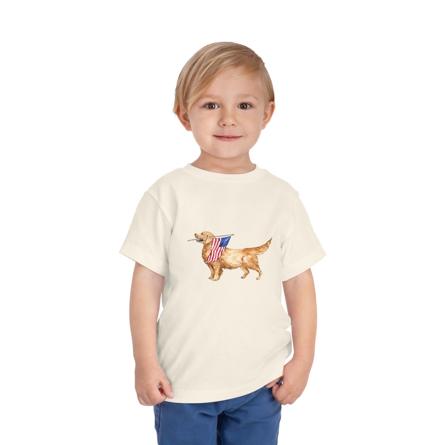 Patriotic Golden Retriever Toddler Tee — American Flag Pup