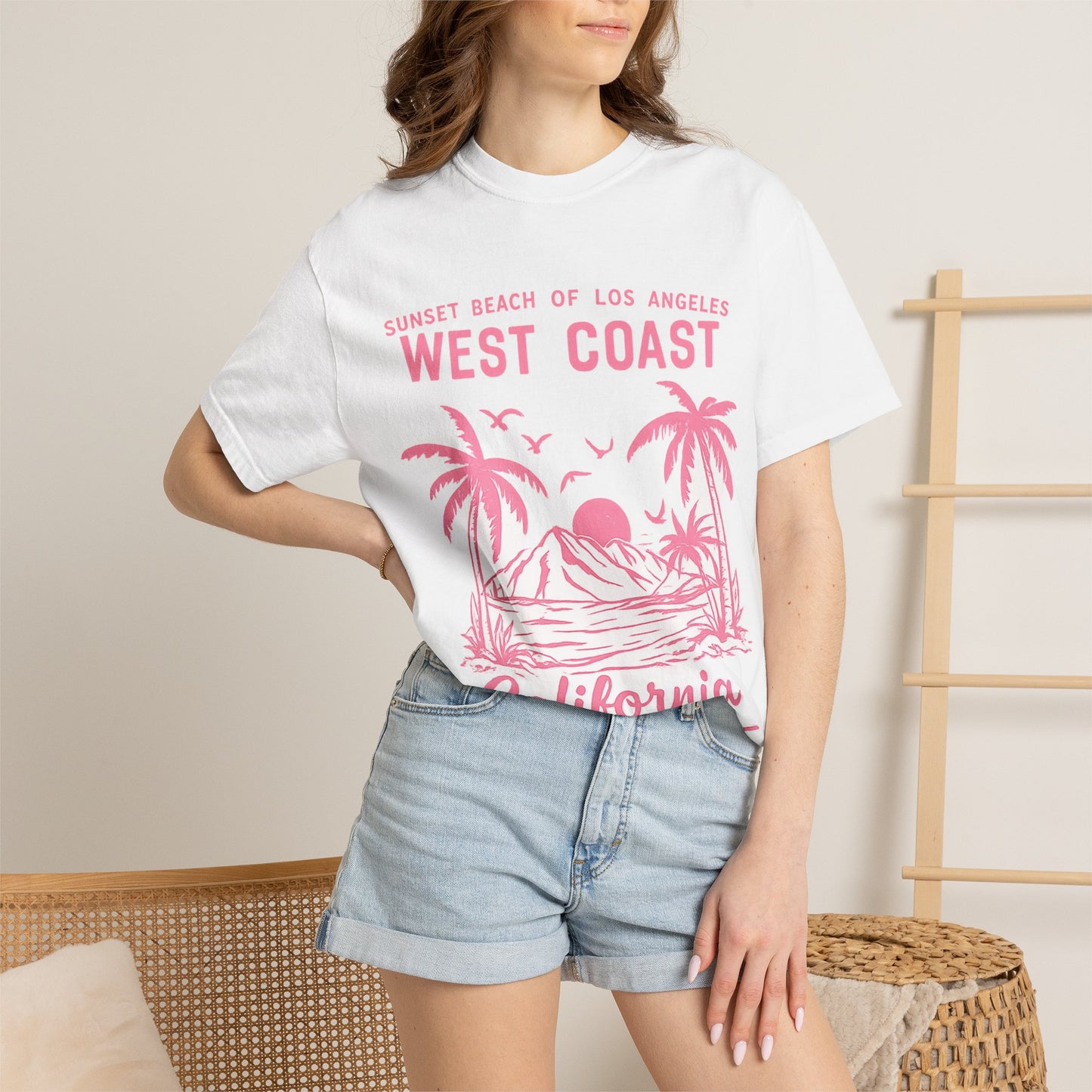 West Coast California Sunset T-Shirt — Pink Beach Palm Surf Graphic
