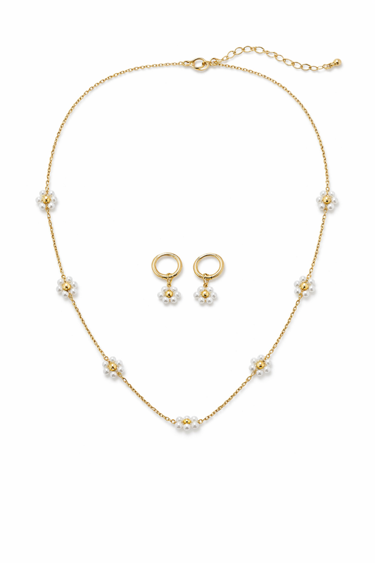 Gold Pearl Flower Necklace & Earrings Set