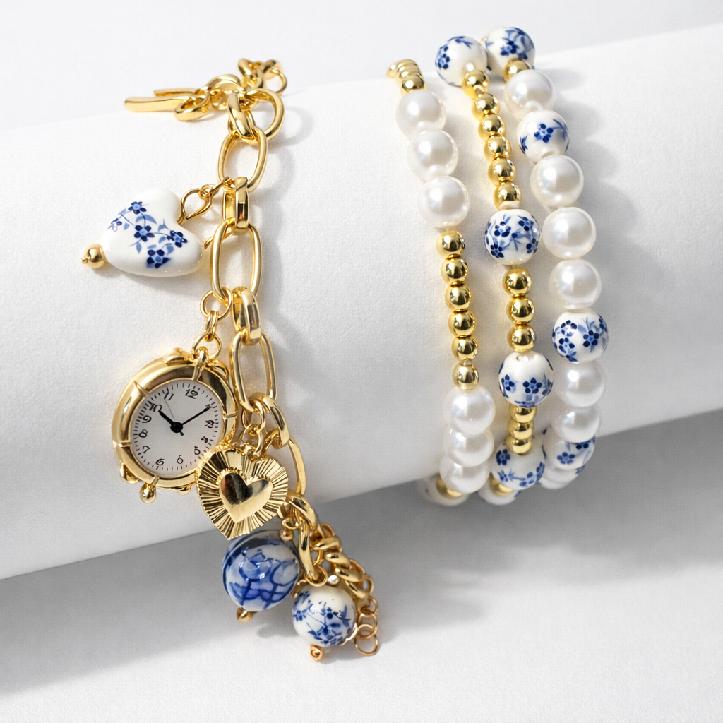 Gold Charm Bracelet with Mini Faux Clock Pendant