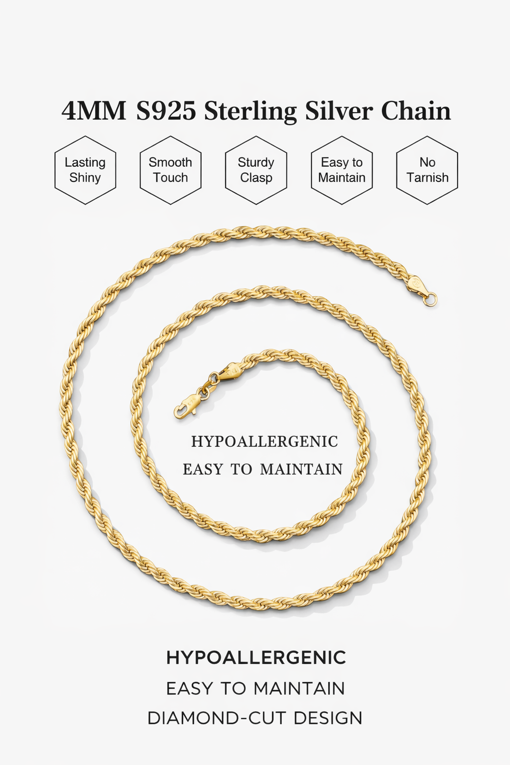 Rope Chain for Men, S925 Sterling Silver Over 4mm