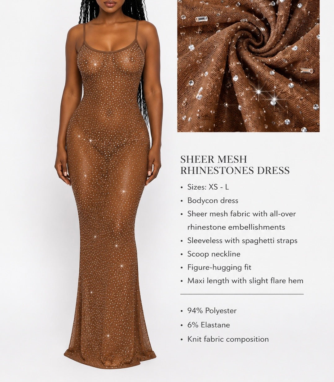 Sheer Mesh Rhinestone Maxi Dress – Mocha