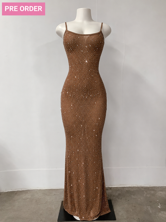 Sheer Mesh Rhinestone Maxi Dress – Mocha
