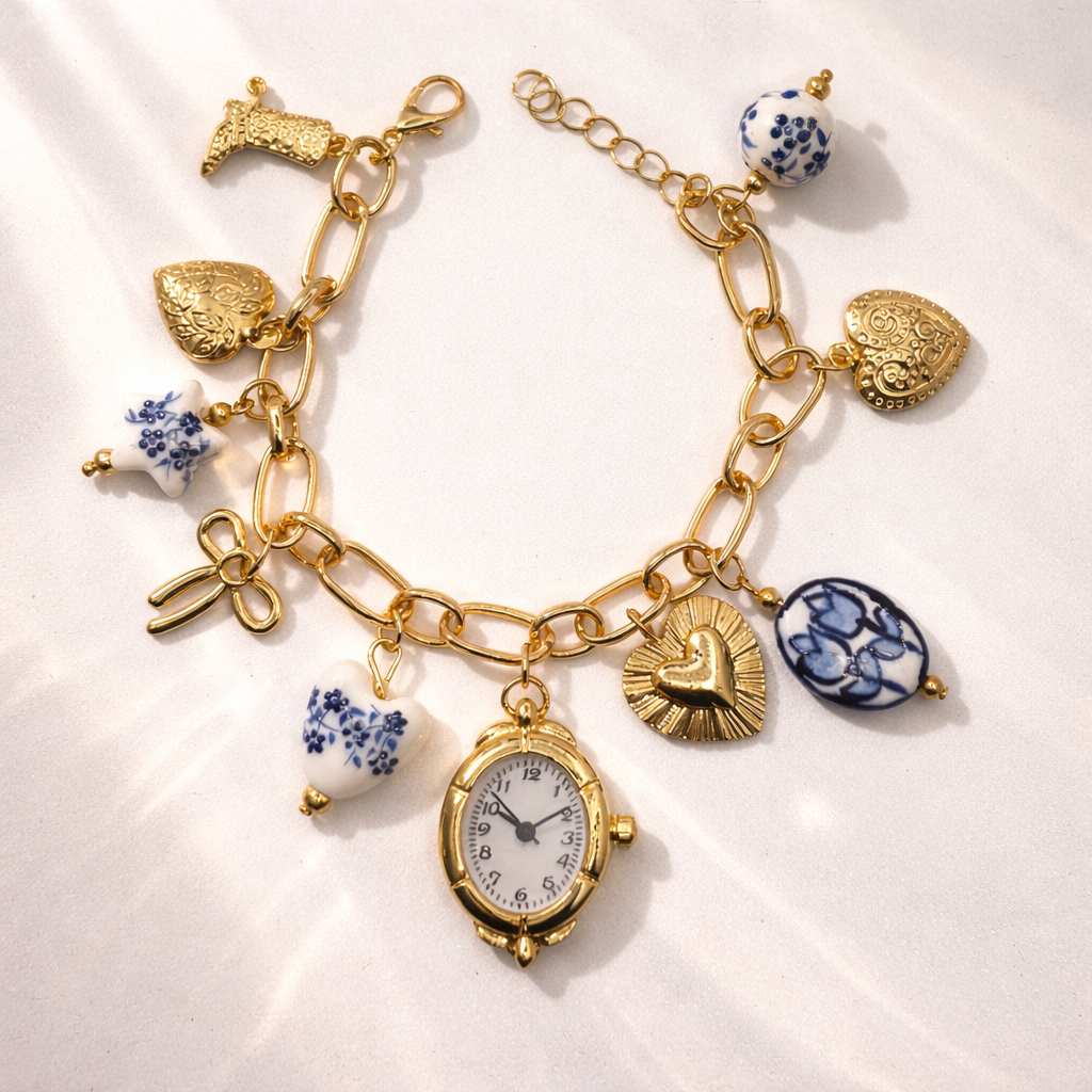 Gold Charm Bracelet with Mini Faux Clock Pendant