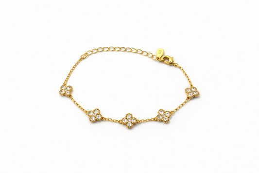 S925 Sterling Silver Clover Bracelet – 18K Gold Plated, CZ Diamond Clover Bracelet, Dainty Adjustable Lucky Bracelet for Women